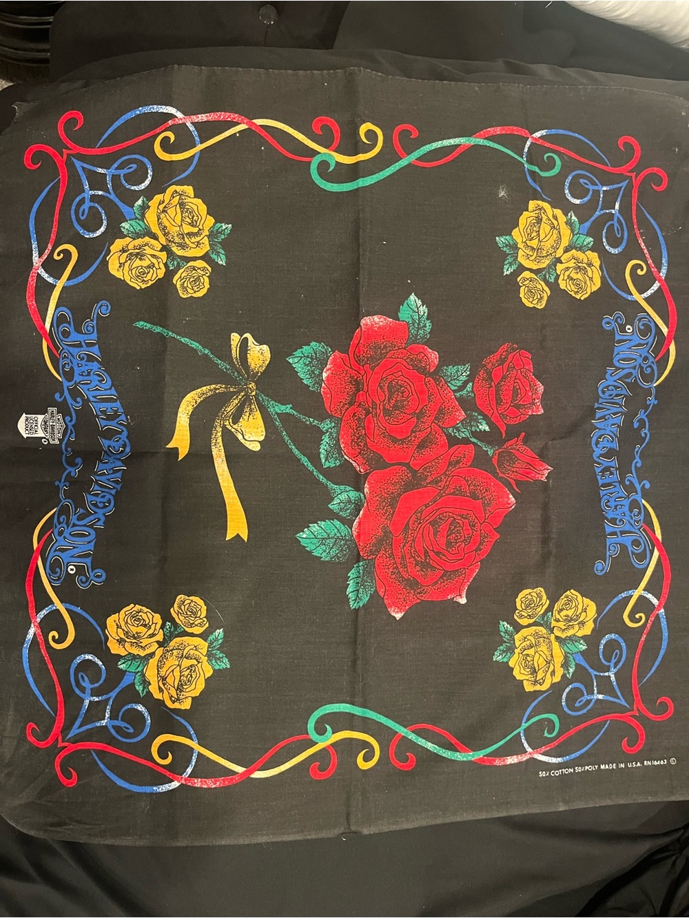 Harley-Davidson Black Bandana with Red Roses, Yellow Accents & Green Leaves